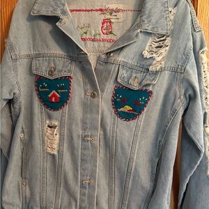 Love Tree Denim Jacket with Vintage Wool Handstiched Patches